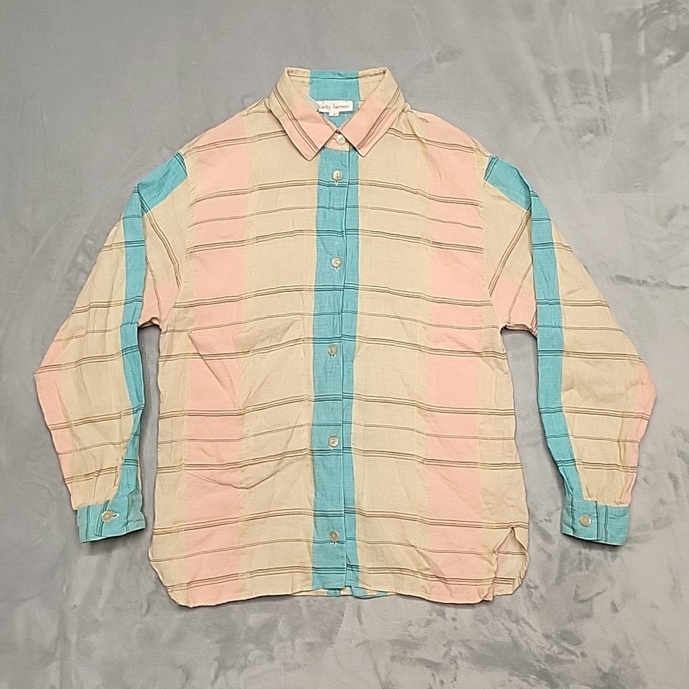 Betty Hanson Shirt Women 8 Multicolor Striped‎ Button Up Linen Blend Coastal